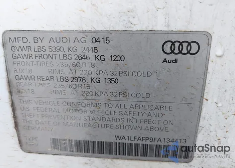 2015 Audi Q5 2.0T Premium from USA, damaged, VIN WA1LFAFP9FA134413